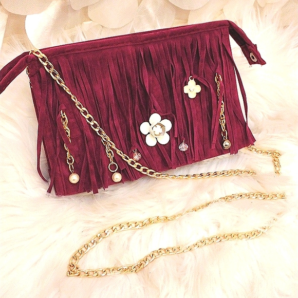 CROSSBODY Bag Purple Fringed Purse  Clutch Purse Bag BEAUTIFUL Camelia Roses - Picture 6 of 12